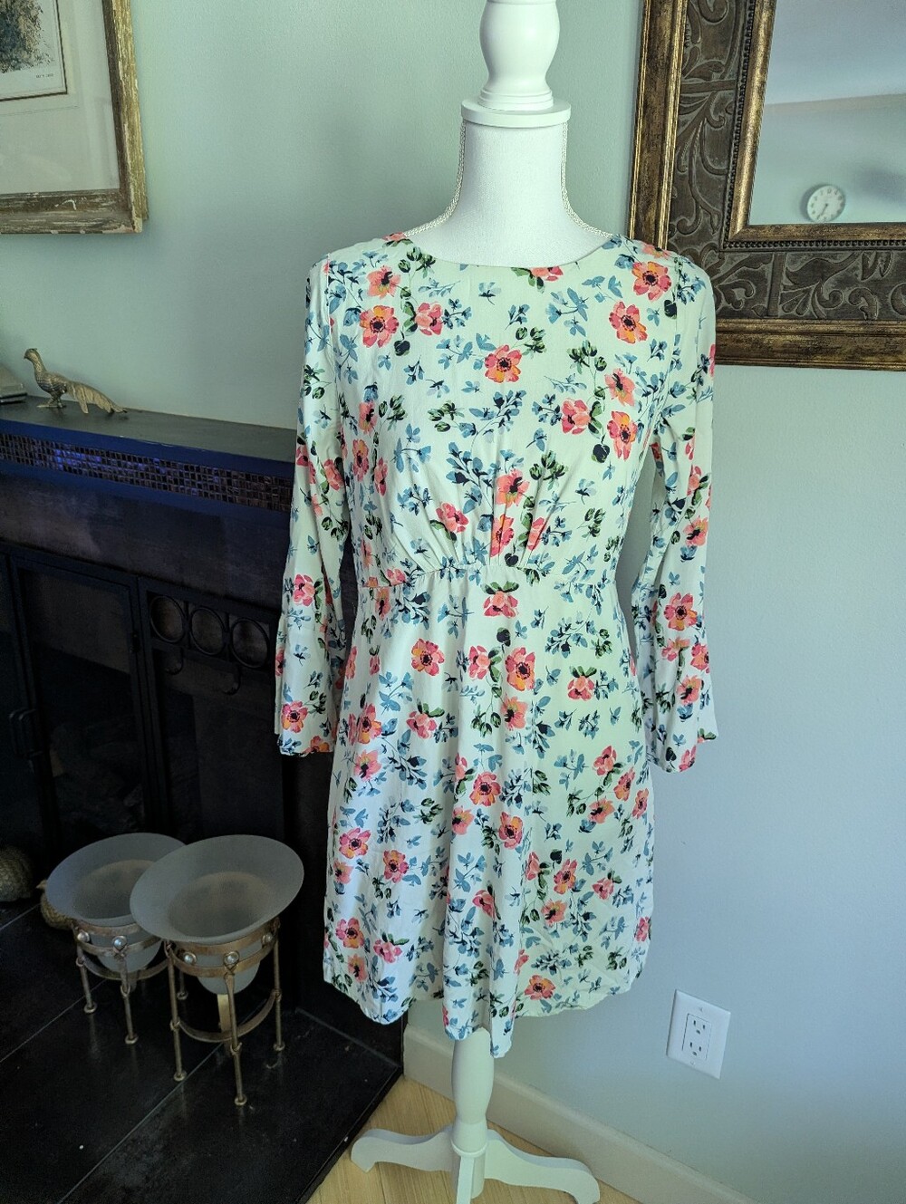 LOFT Size 2 Floral Flare 3/4 Sleeve Dress Spring Summer Tie Back Detail 159